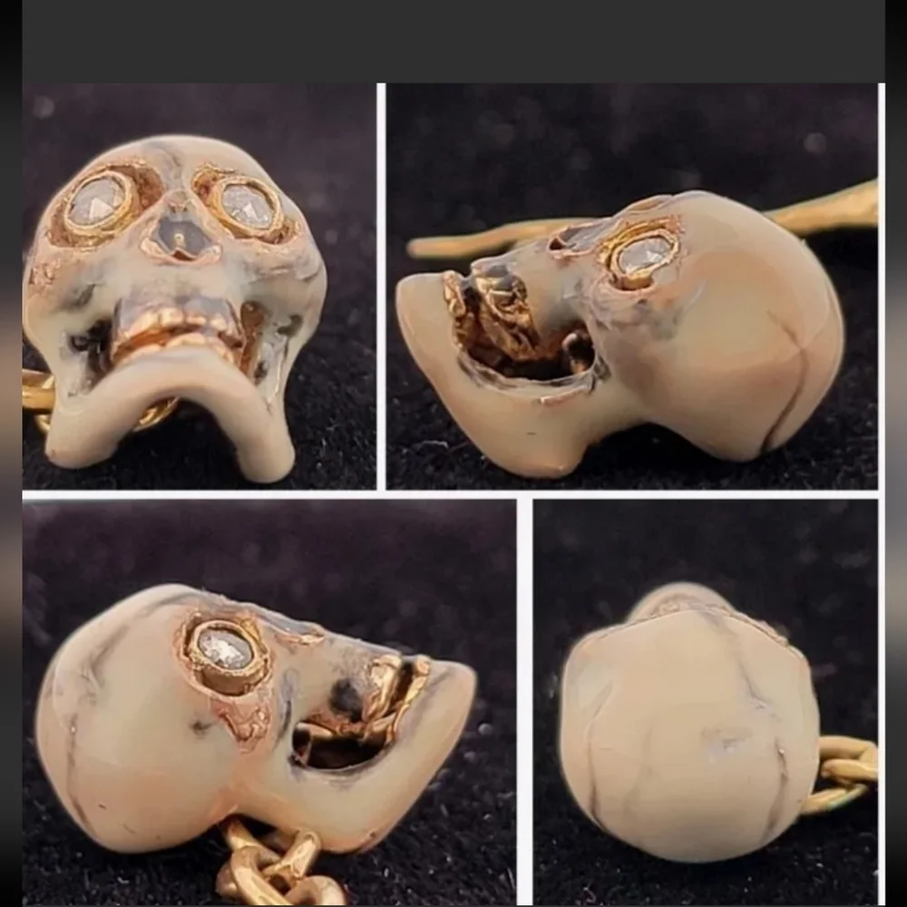 Antique Snake Skull Enamel Diamond Cuff Links 14K Yellow Gold-Estate Jewelry 10g